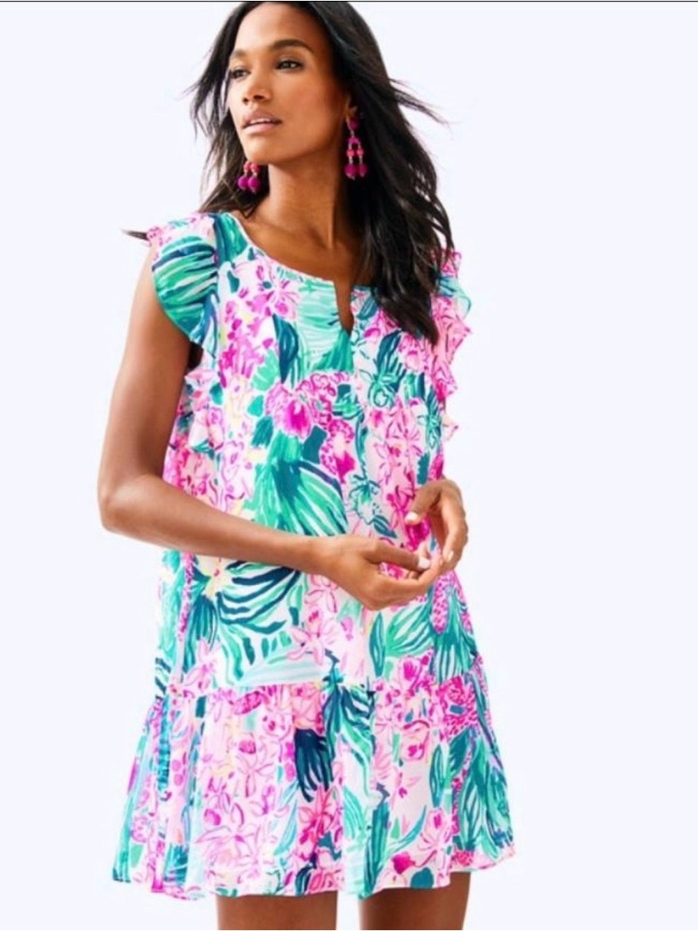 Lilly Pulitzer Multi-Color Floral & Teal V-Neck Ndra Dress in Via Flora Print